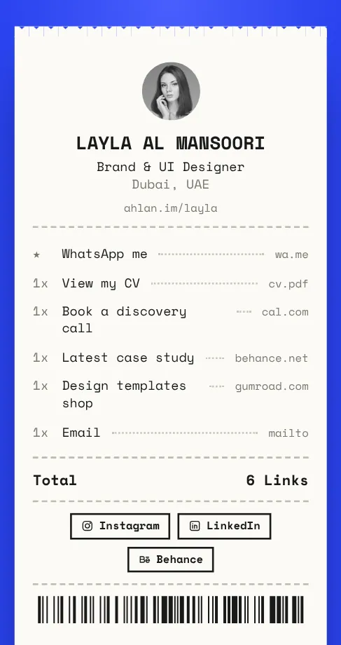 Receipt link in bio template